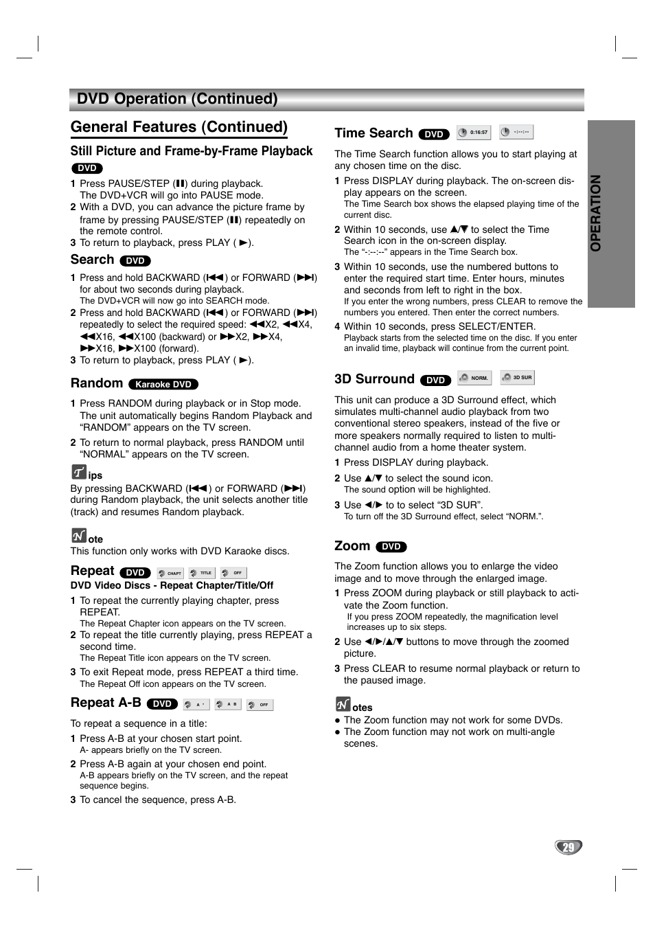 Opera tion, Still picture and frame-by-frame playback, Search | Random, Repeat, Repeat a-b, Time search, 3d surround, Zoom | Zenith XBV342 User Manual | Page 29 / 40