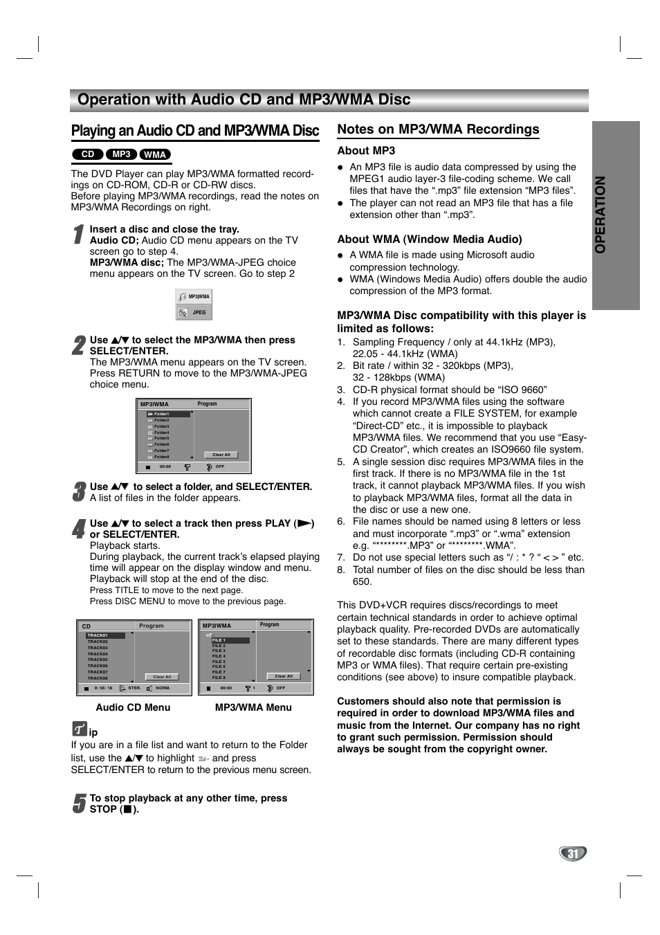 Opera tion, About mp3, About wma (window media audio) | Zenith XBV342 User Manual | Page 31 / 40