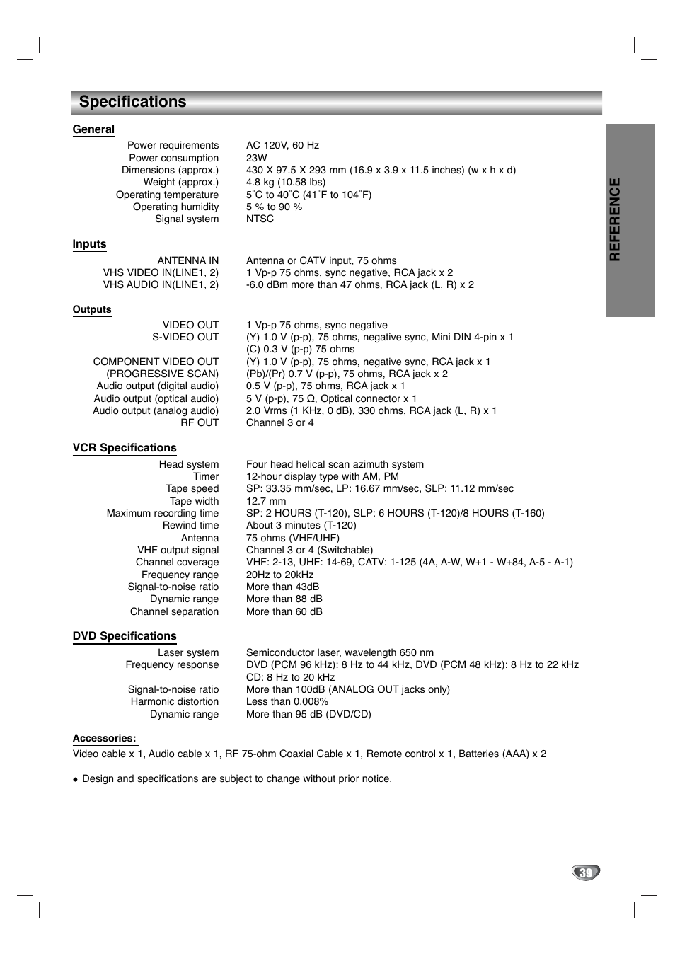 Specifications, Reference | Zenith XBV342 User Manual | Page 39 / 40