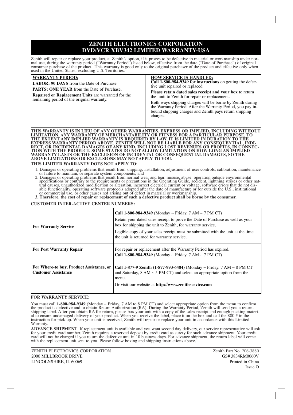 Zenith XBV342 User Manual | Page 40 / 40