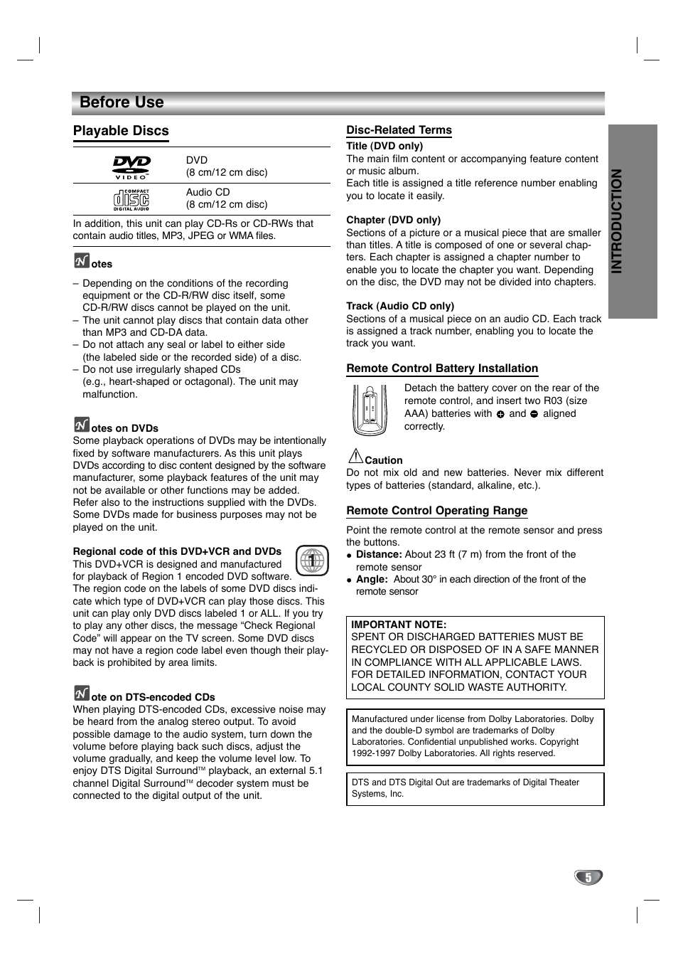 Before use, Introduction, Playable discs | Zenith XBV342 User Manual | Page 5 / 40