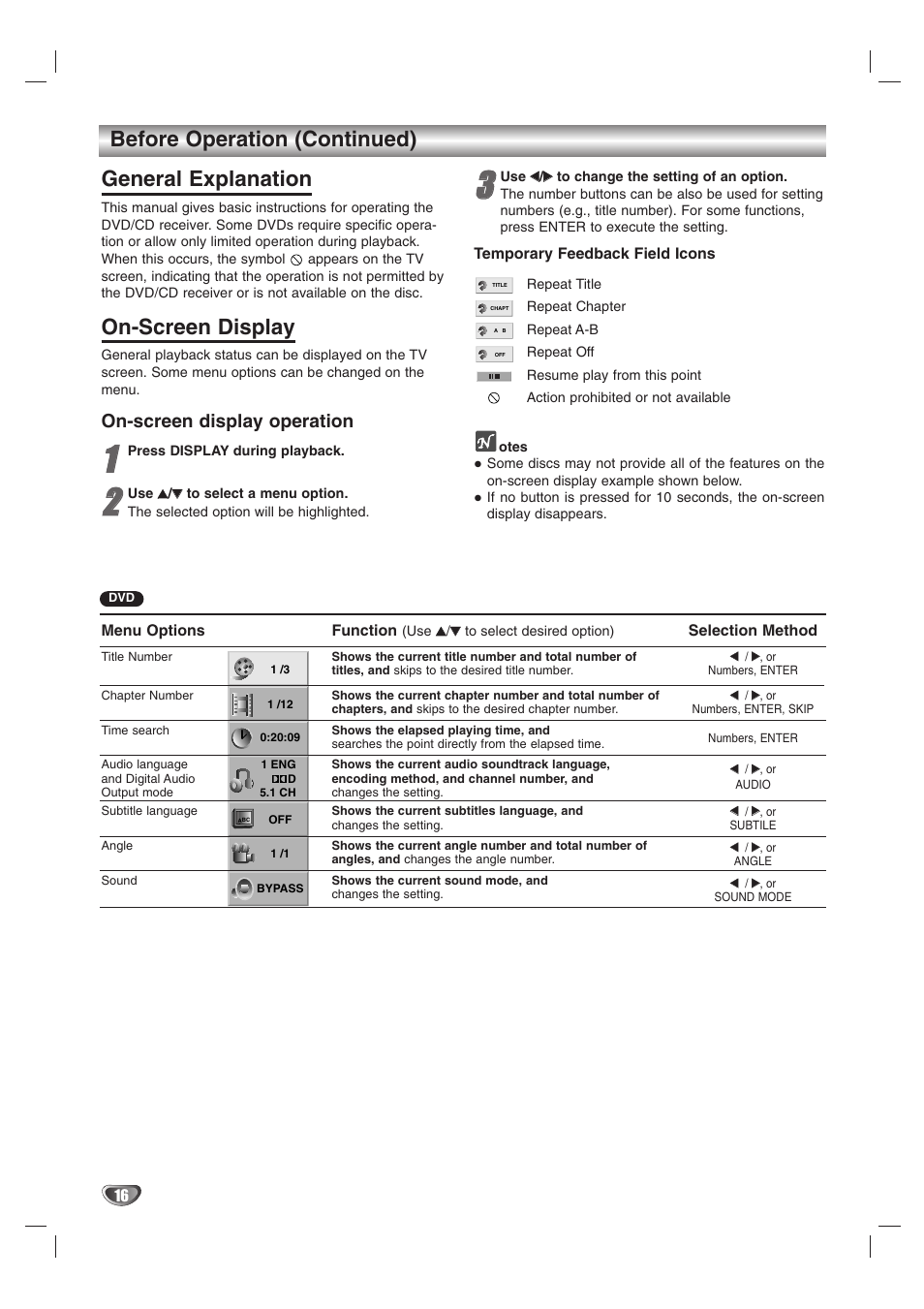 Before operation (continued) general explanation, On-screen display, On-screen display operation | Zenith DVT312 User Manual | Page 16 / 36