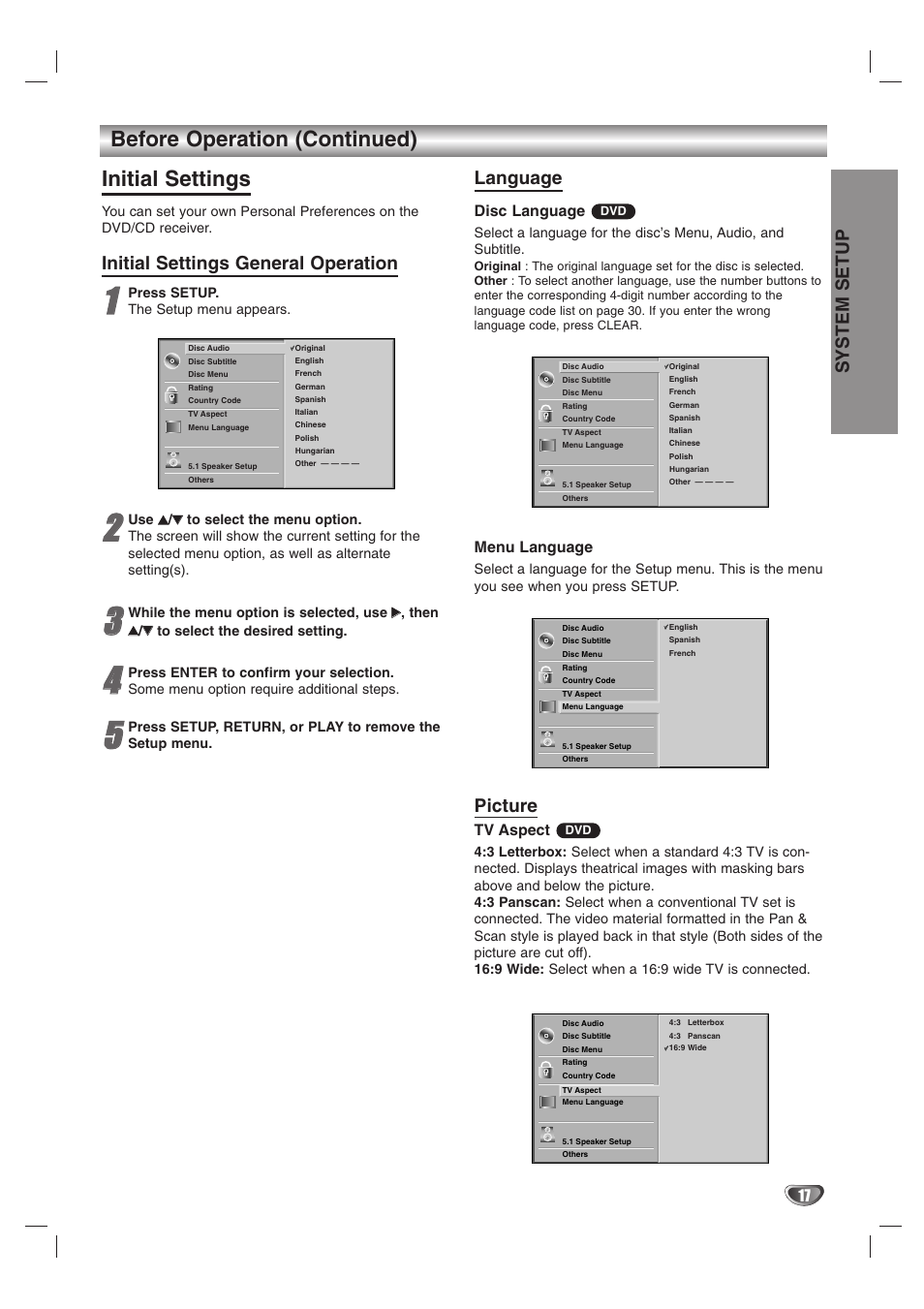 Before operation (continued) initial settings, System setup, Initial settings general operation | Language, Picture, Disc language, Menu language, Tv aspect | Zenith DVT312 User Manual | Page 17 / 36