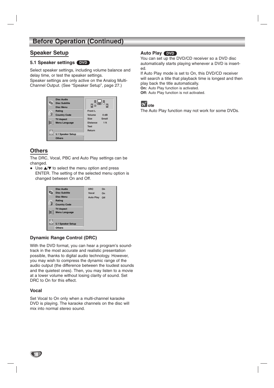 Before operation (continued), Speaker setup, Others | 1 speaker settings, Dynamic range control (drc), Vocal, Auto play | Zenith DVT312 User Manual | Page 18 / 36