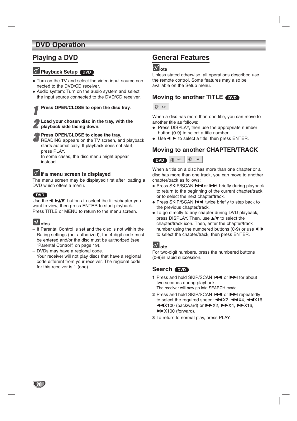Dvd operation playing a dvd, General features | Zenith DVT312 User Manual | Page 20 / 36