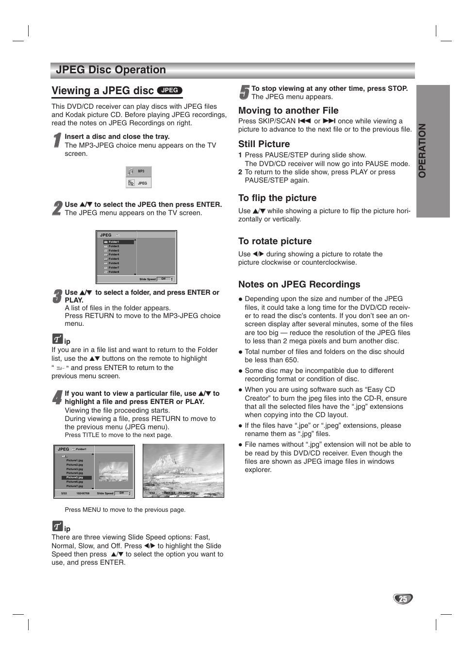 Viewing a jpeg disc, Jpeg disc operation, Opera tion | Moving to another file, Still picture | Zenith DVT312 User Manual | Page 25 / 36