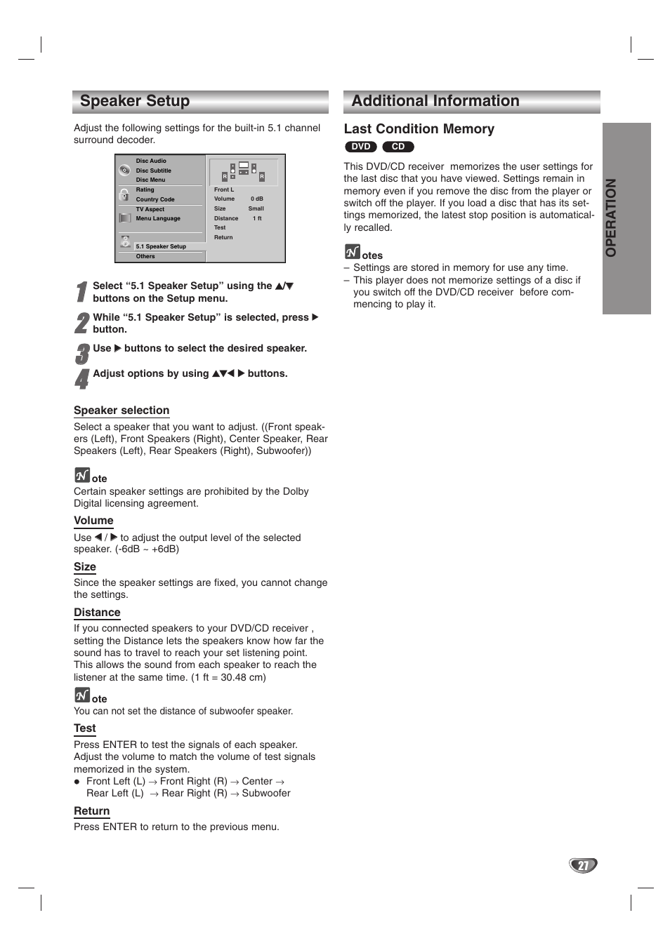 Speaker setup, Additional information, Opera tion | Zenith DVT312 User Manual | Page 27 / 36