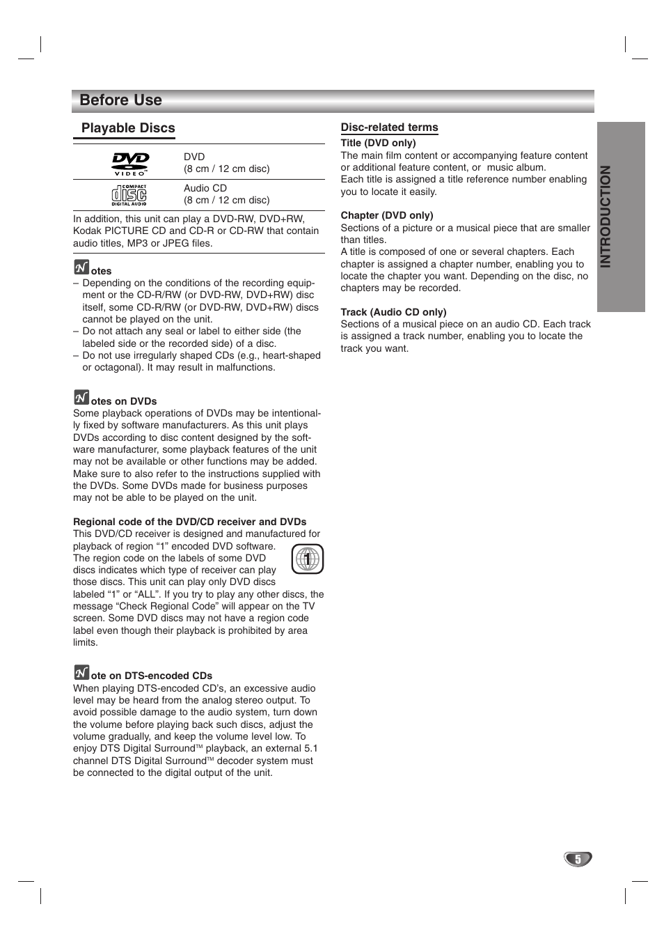 Before use, Introduction, Playable discs | Zenith DVT312 User Manual | Page 5 / 36