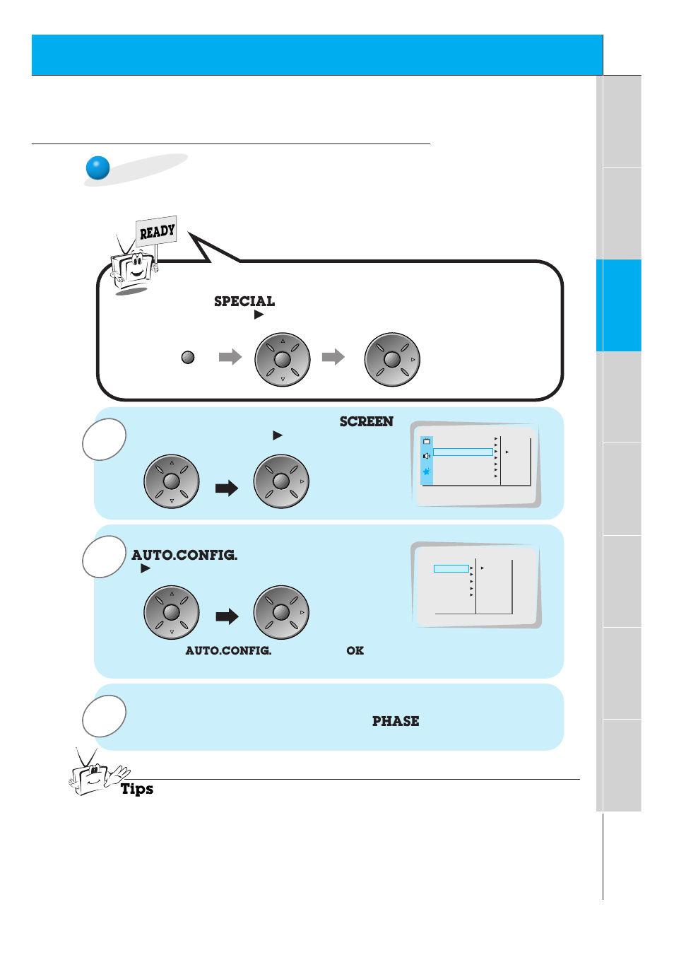 Pc mode adjustments, Auto adjustment, Press the up/down button to select | And then press the vol, Button, Menu. press the vol, Ready, Tips, Screen, Phase | Zenith P60W26 User Manual | Page 23 / 59