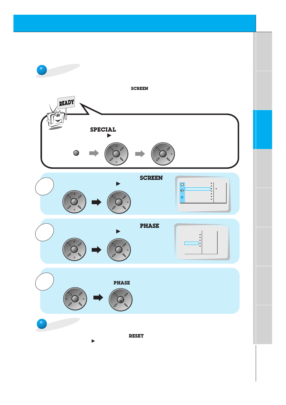 Picture phase adjustments, Initializing (reset to factory value), Use the up/down button to select | And then press the vol, Button, Menu. press the vol, Ready, Screen, Phase, Special | Zenith P60W26 User Manual | Page 25 / 59