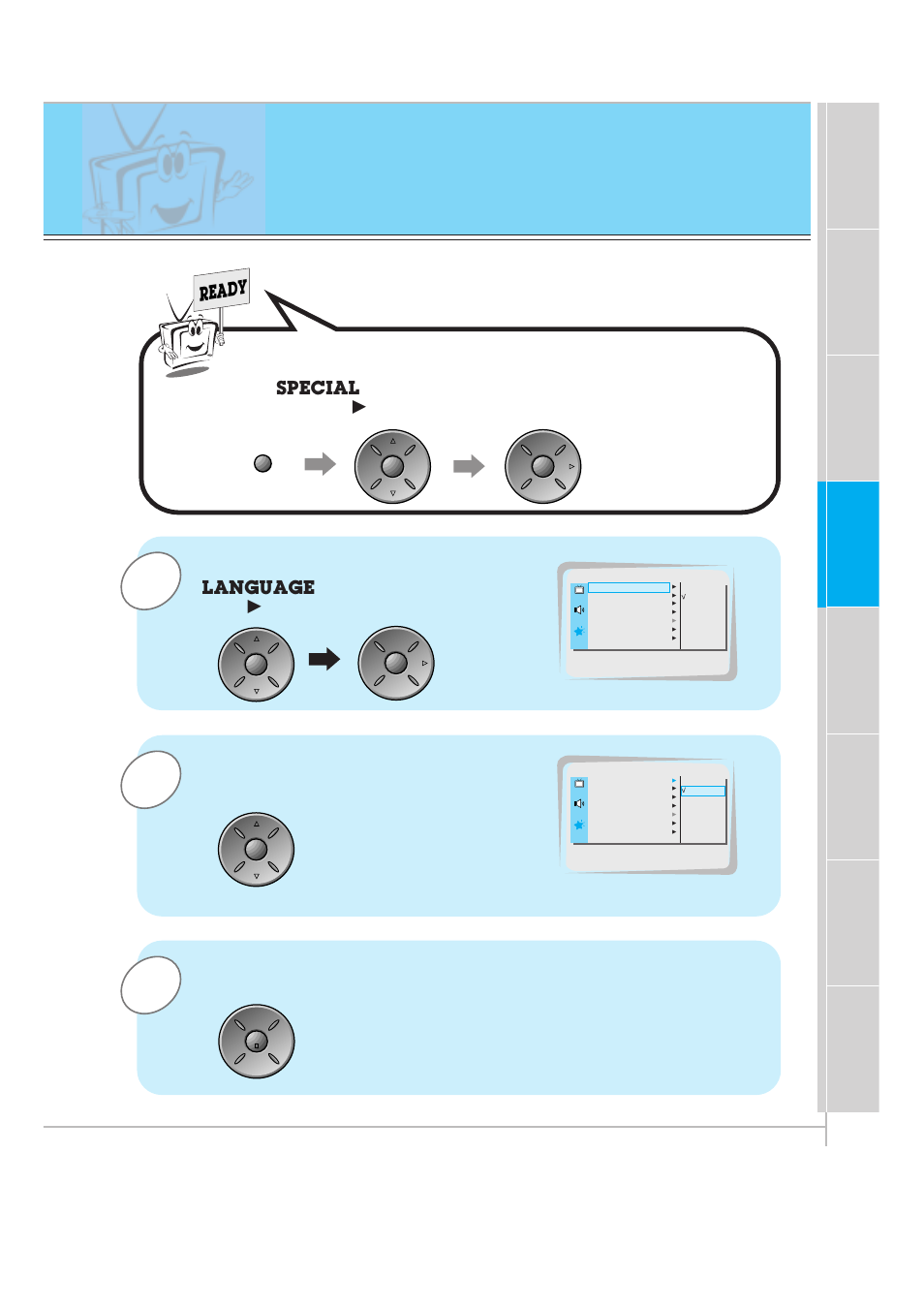 Selecting language for the menus, Press the up/down button to select, And then press the vol | Menu. press the vol, Button, Ready, Language, Special | Zenith P60W26 User Manual | Page 33 / 59