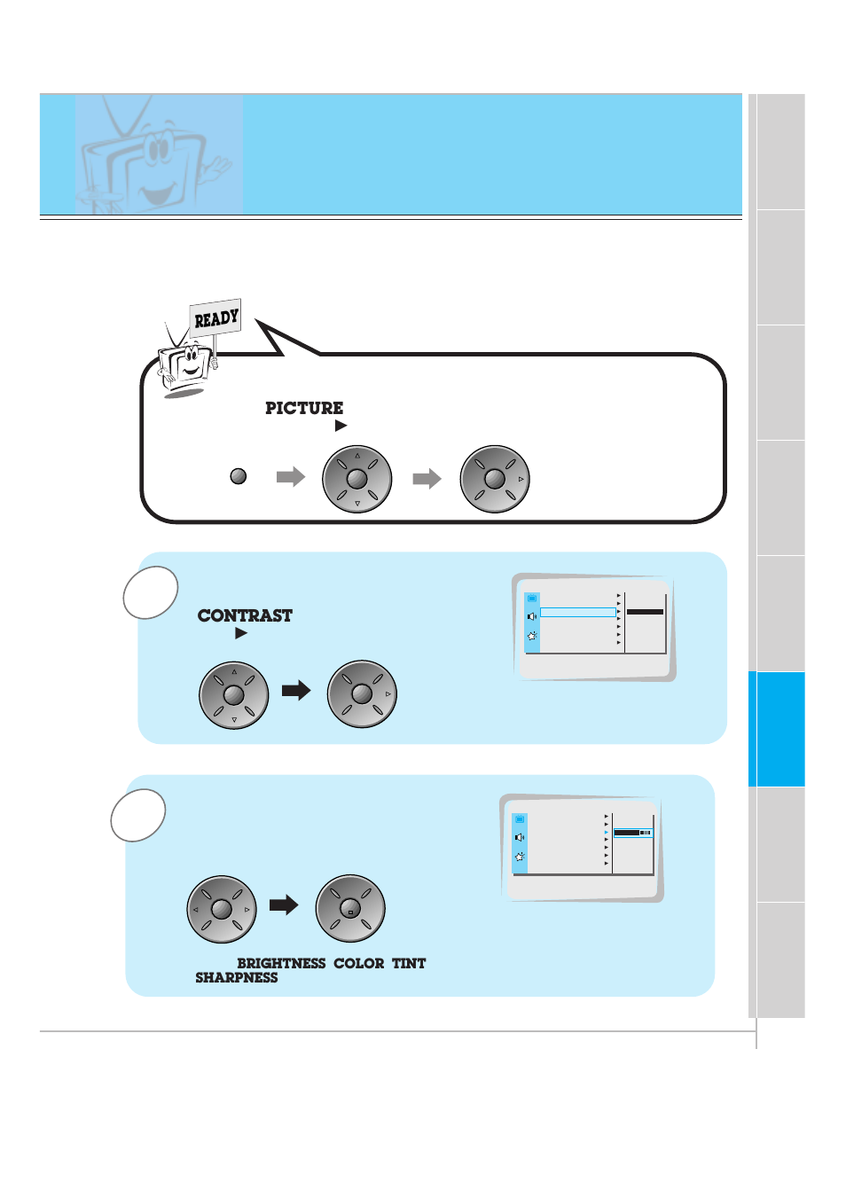 Adjusting picture appearance, And then press the vol, Button | Menu. press the vol, Ready, Contrast, Picture, Adjust, Press the up/down buttons to select other items | Zenith P60W26 User Manual | Page 37 / 59