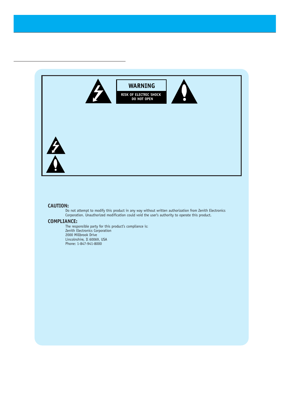 Warnings, Warning | Zenith P60W26 User Manual | Page 4 / 59