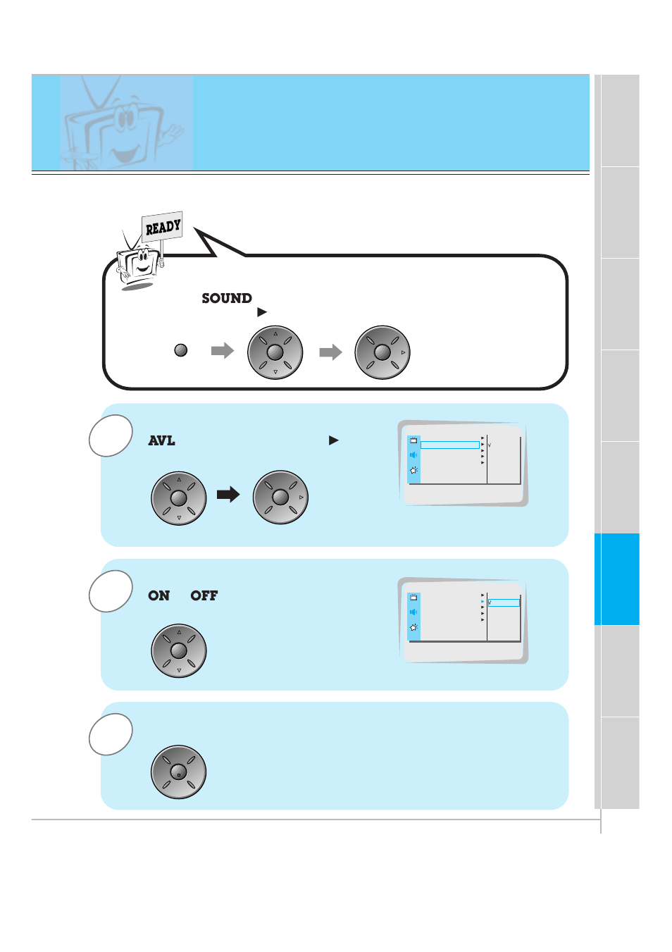 Avl (auto volume leveler), Press the up/down button to select, And then press the vol | Menu. press the vol, Button, Ready, Sound | Zenith P60W26 User Manual | Page 41 / 59
