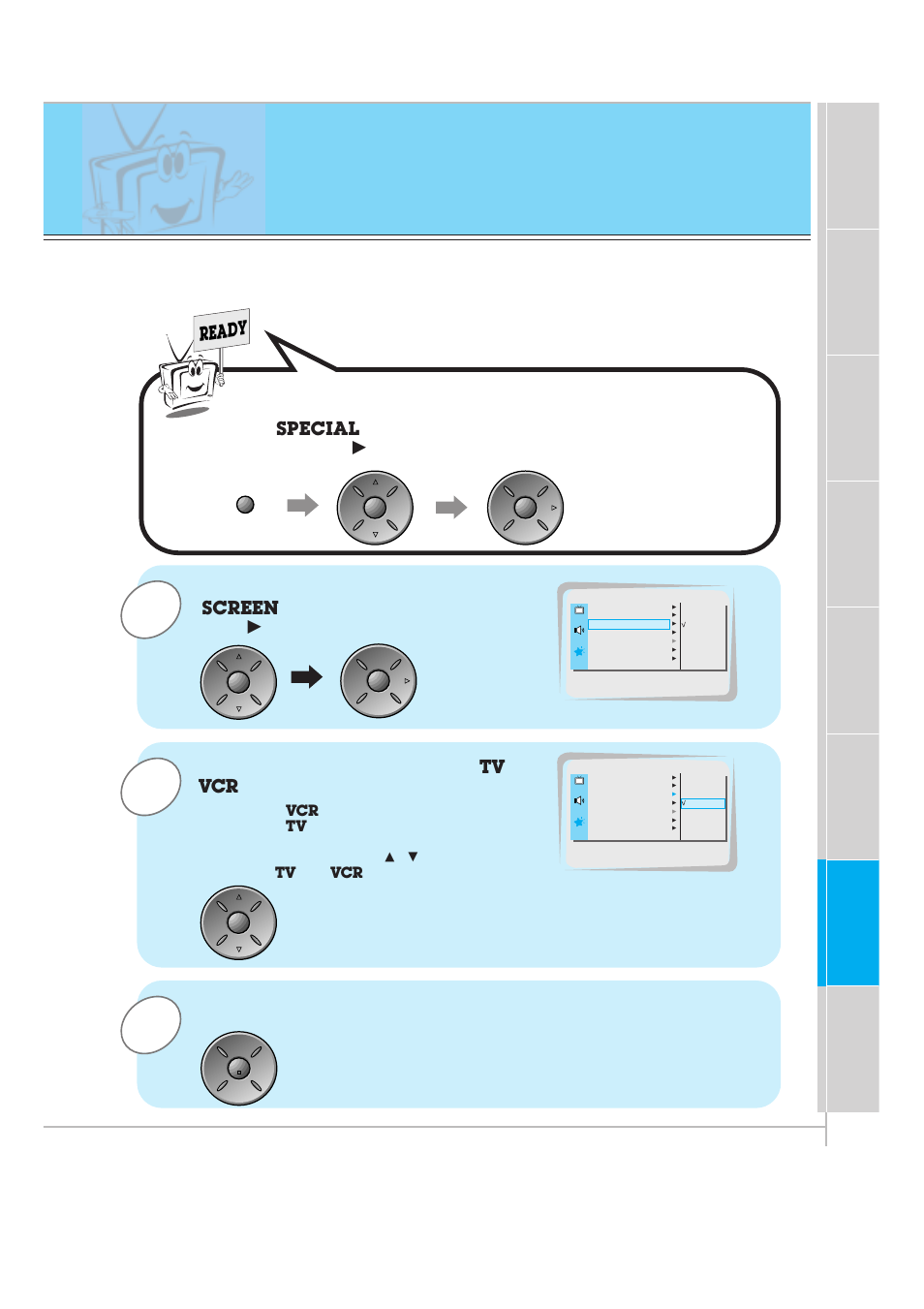 Using the screen options, Use the up/down button to select, And then press the vol | Button. use the up/down buttons to select, Menu. press the vol, Button, Ready, Screen, Special, Select the | Zenith P60W26 User Manual | Page 43 / 59