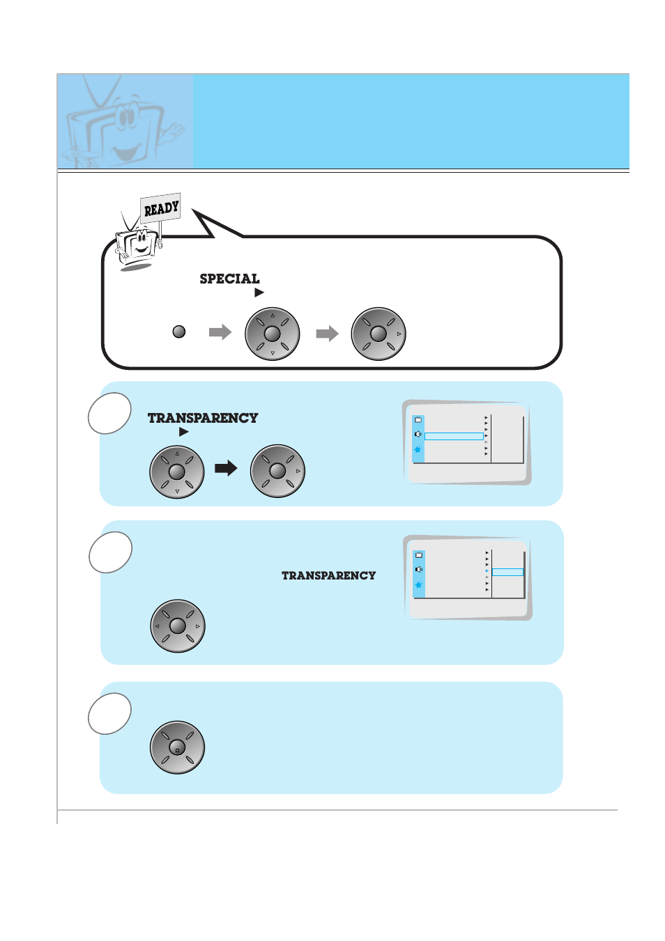 Adjusting osd transparency, Press the up/down button to select, And then press the vol | Menu. press the vol, Button, Ready, Transparency, Special, The adjustment range of, Is 0 ~ 5 | Zenith P60W26 User Manual | Page 44 / 59