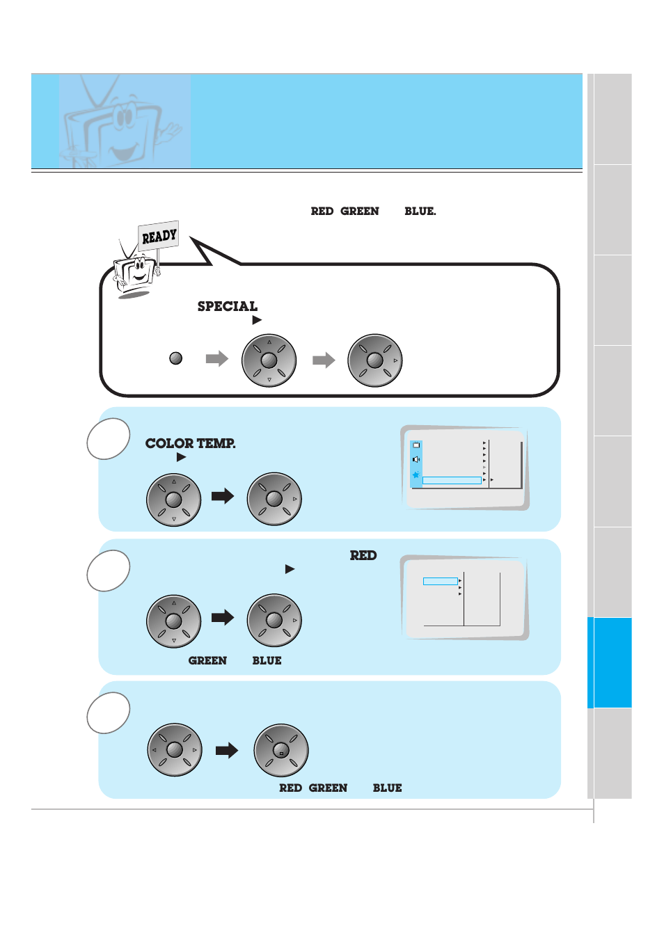 Adjusting color temperature, Menu. press the vol, Button | Press the up/down button to select, And then press the vol, Button. press the up/down button to select, Ready, Special, Color temp, The adjustment range of | Zenith P60W26 User Manual | Page 45 / 59