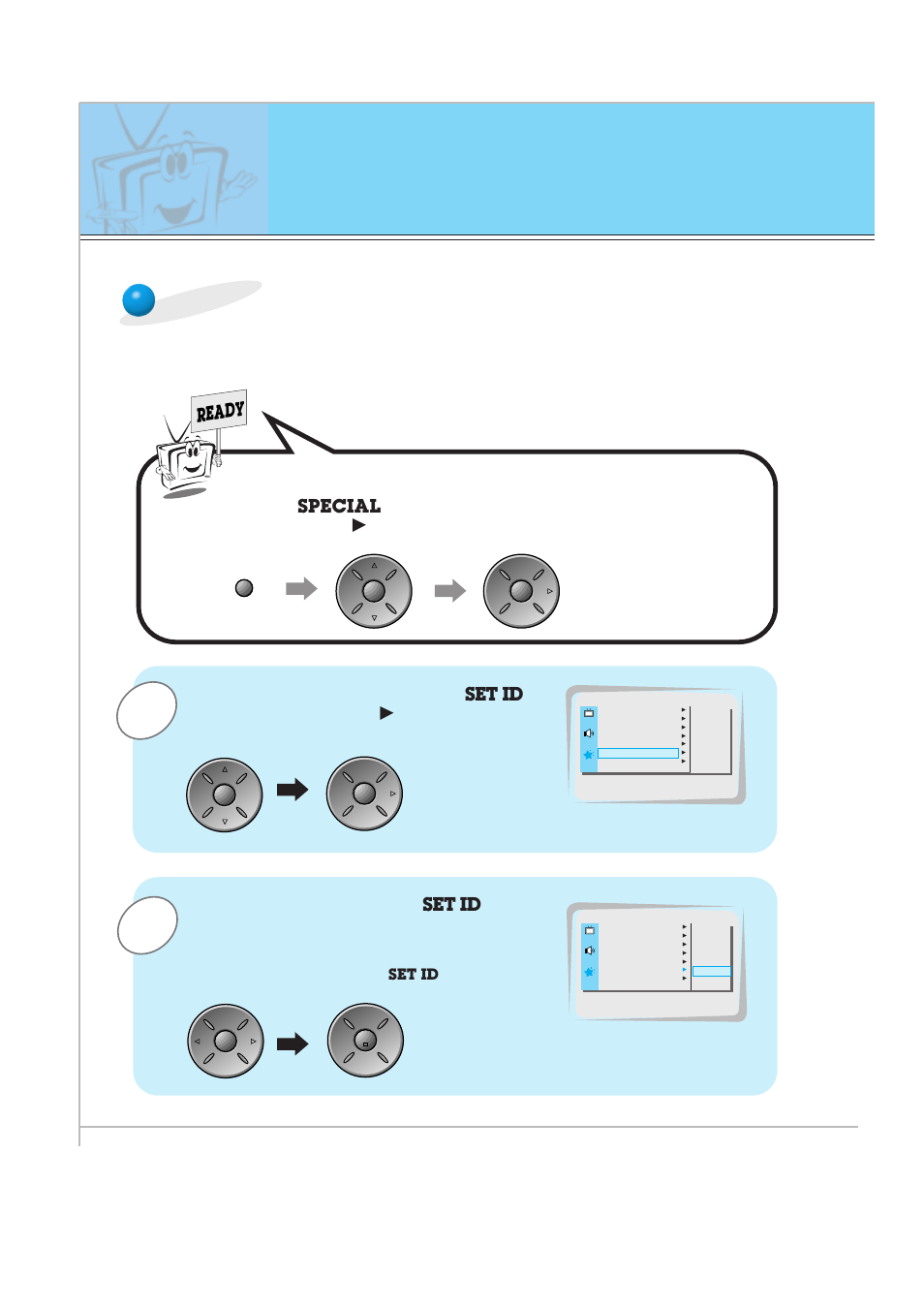 External control device setup, Use the up/down buttons to select, And then press the vol | Button, Menu. press the vol, Use the vol button to adjust, Ready, Set id, Special, Use this function to specify a monitor id number | Zenith P60W26 User Manual | Page 50 / 59