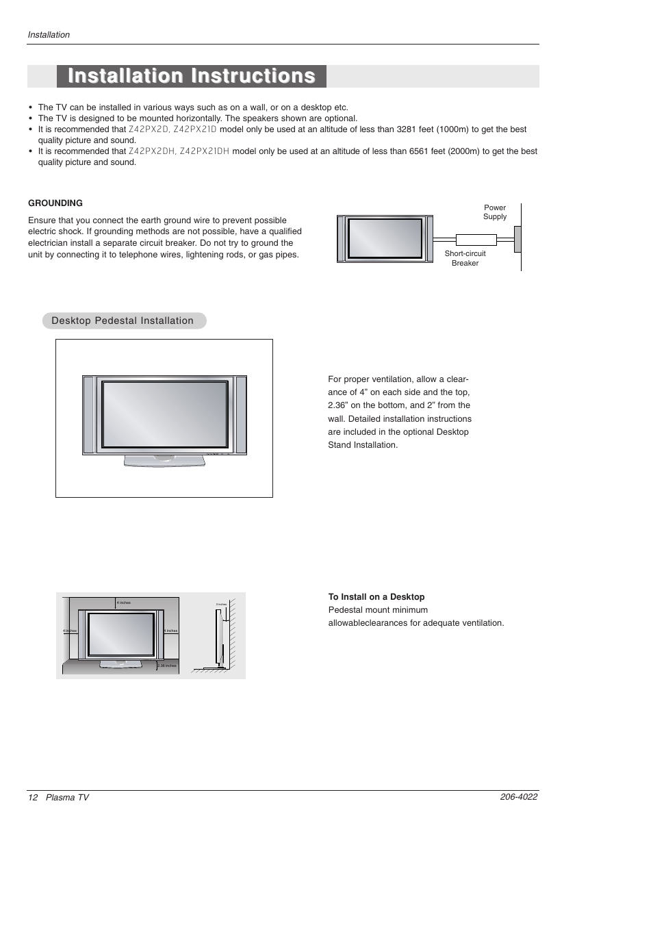 Installation instructions | Zenith Z42PX2DH User Manual | Page 12 / 60