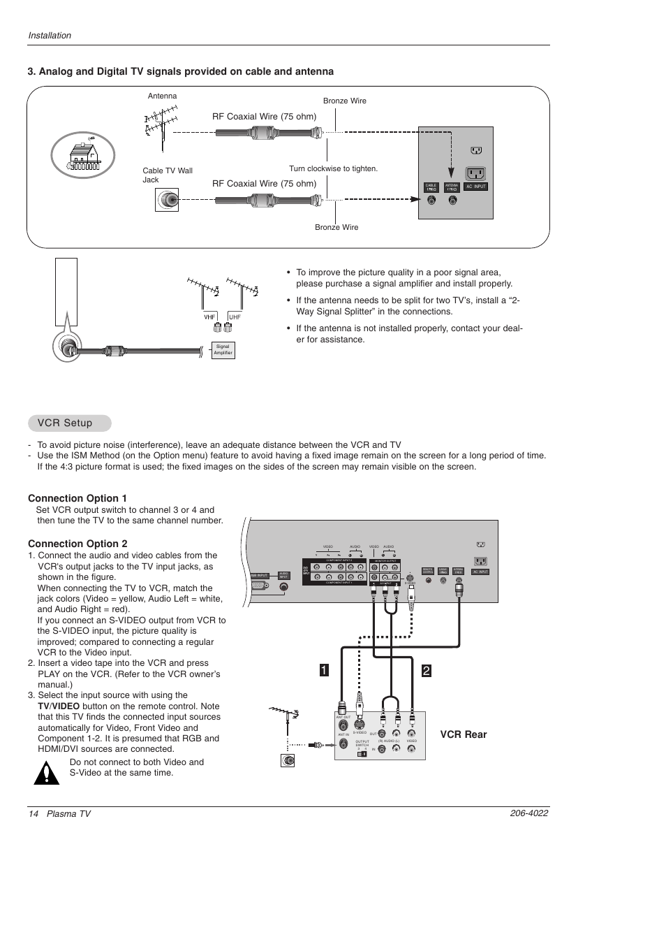 Connection option 1, Connection option 2, Vcr setup | Vcr rear, Rf coaxial wire (75 ohm) | Zenith Z42PX2DH User Manual | Page 14 / 60