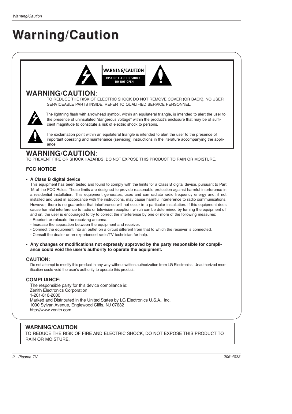 Warning/caution arning/caution, Warning/caution | Zenith Z42PX2DH User Manual | Page 2 / 60