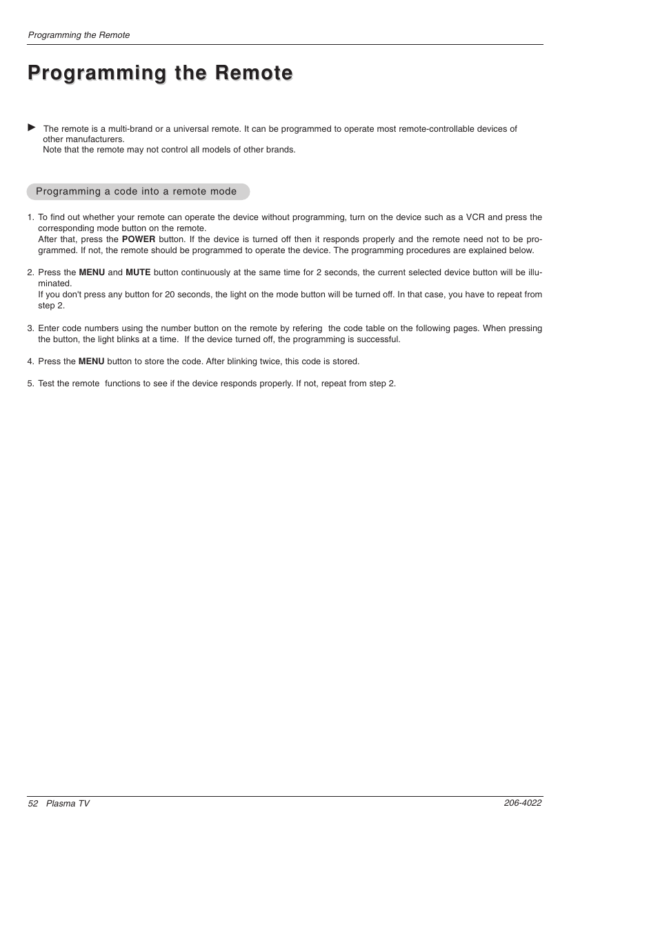 Programming the remote | Zenith Z42PX2DH User Manual | Page 52 / 60
