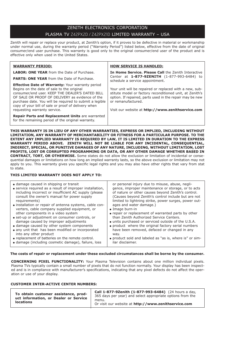 Zenith Z42PX2DH User Manual | Page 59 / 60