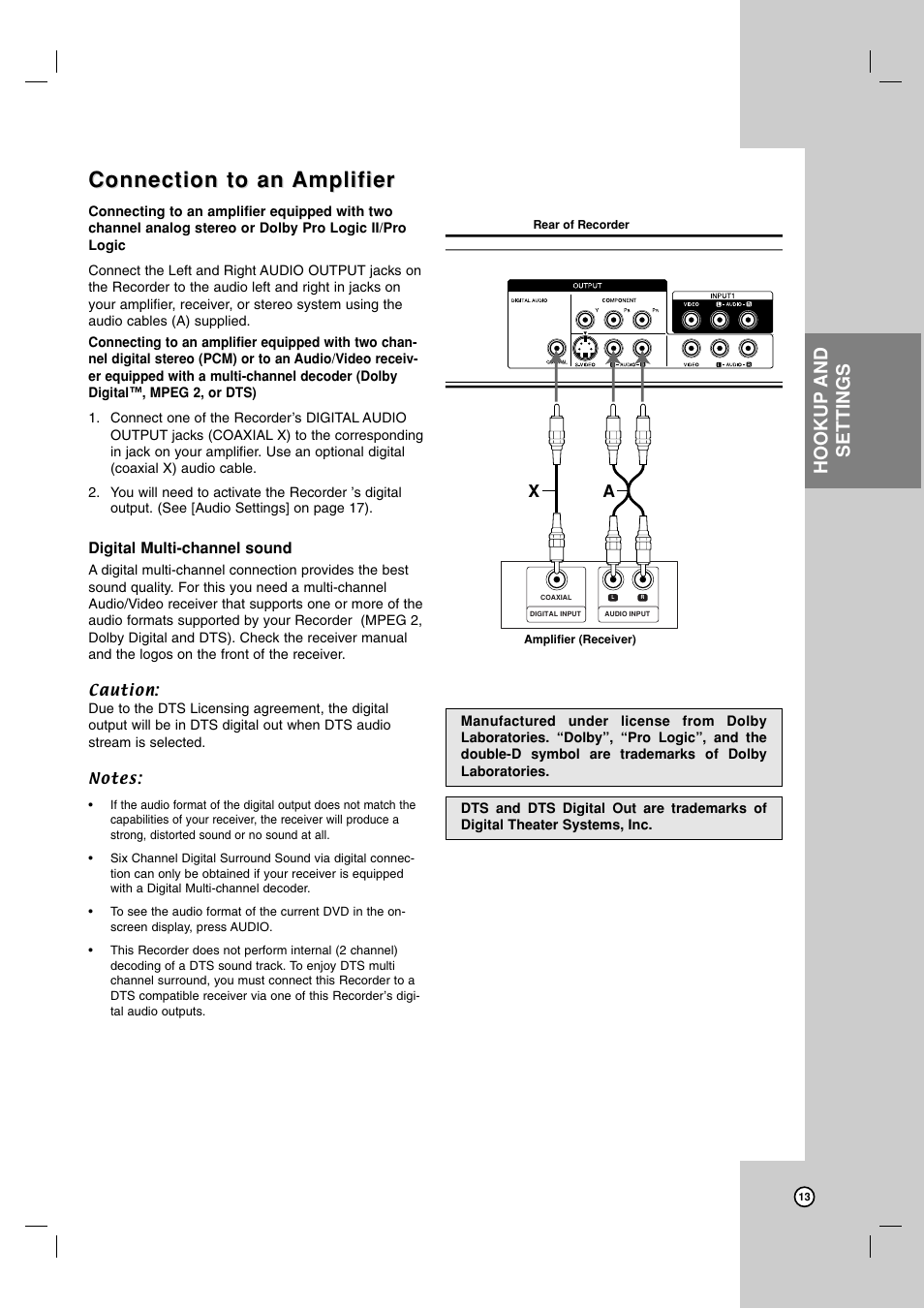 Connection to an, Connection to an amplifier amplifier, Hookup and settings | Zenith XBR716 User Manual | Page 13 / 48