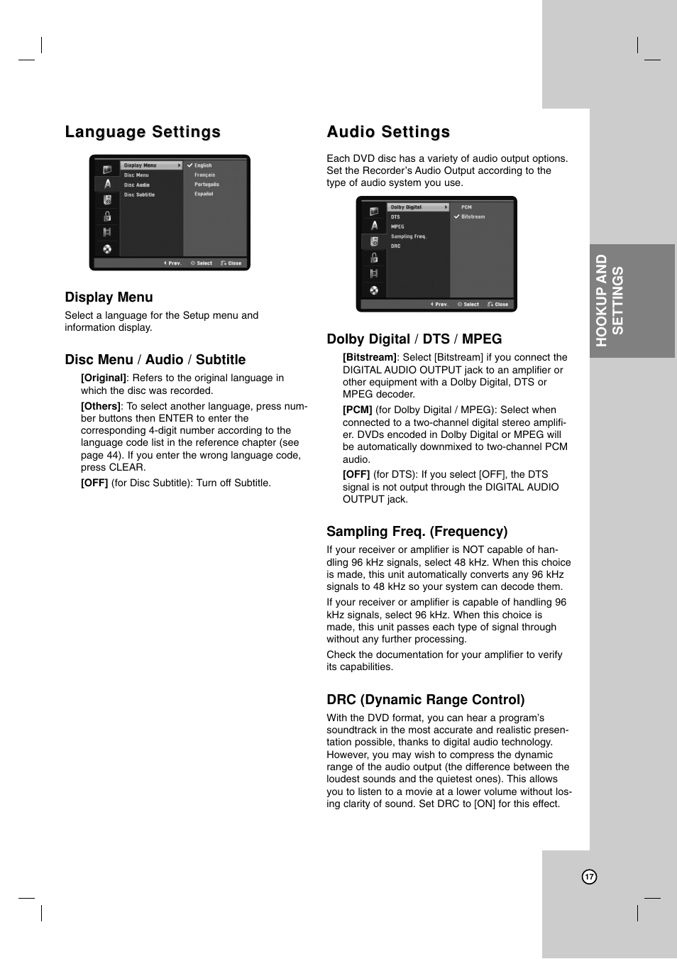 Language settings, Audio settings | Zenith XBR716 User Manual | Page 17 / 48