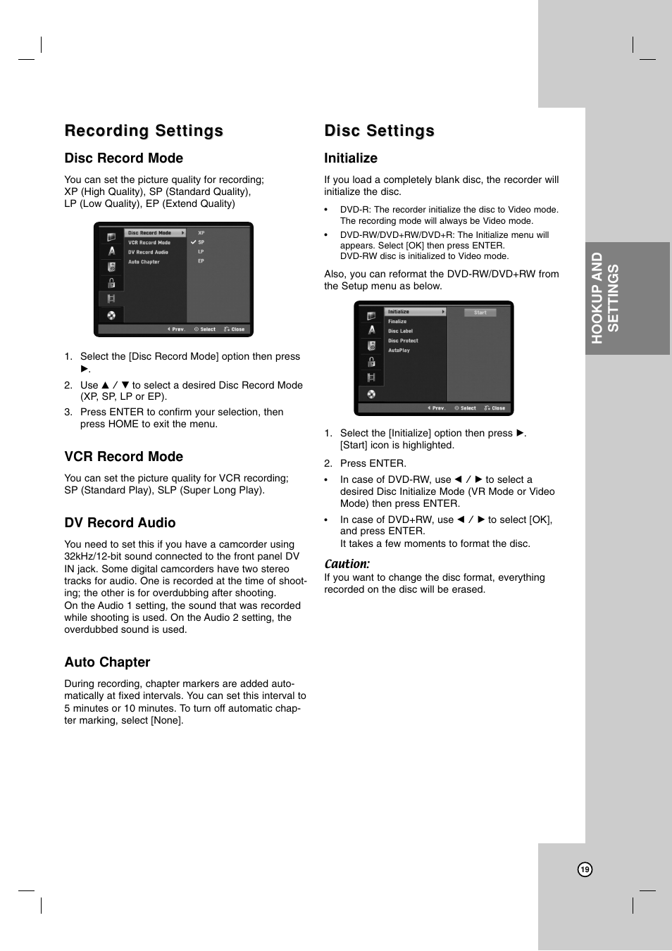 Recording settings, Disc settings, Disc record mode | Vcr record mode, Dv record audio, Auto chapter, Initialize, Hookup and settings | Zenith XBR716 User Manual | Page 19 / 48