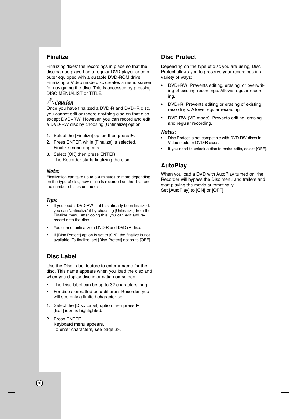 Finalize, Disc label, Disc protect | Autoplay | Zenith XBR716 User Manual | Page 20 / 48