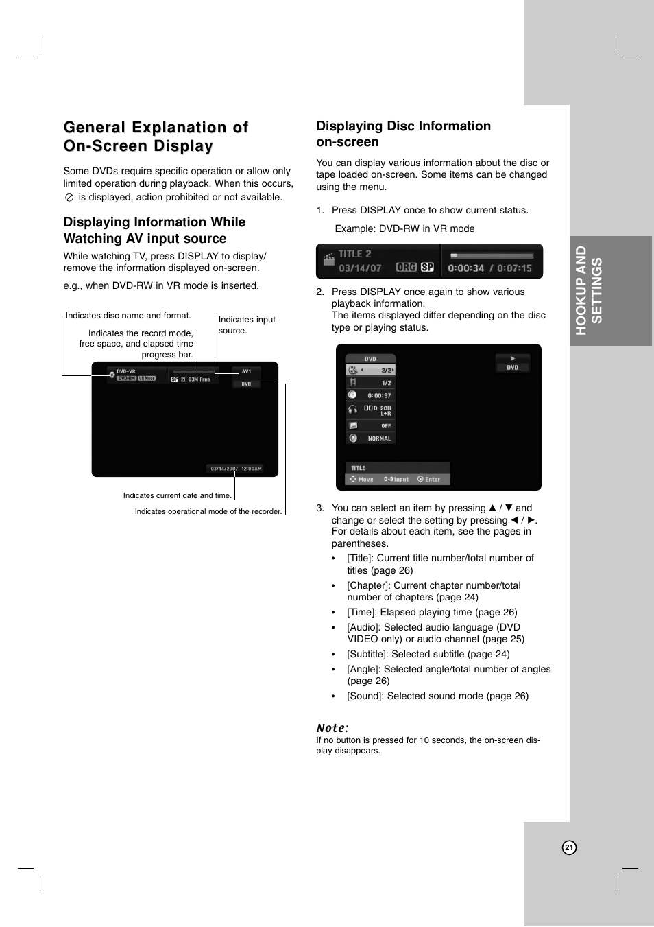 General explanation of, Hookup and settings, Displaying disc information on-screen | Zenith XBR716 User Manual | Page 21 / 48