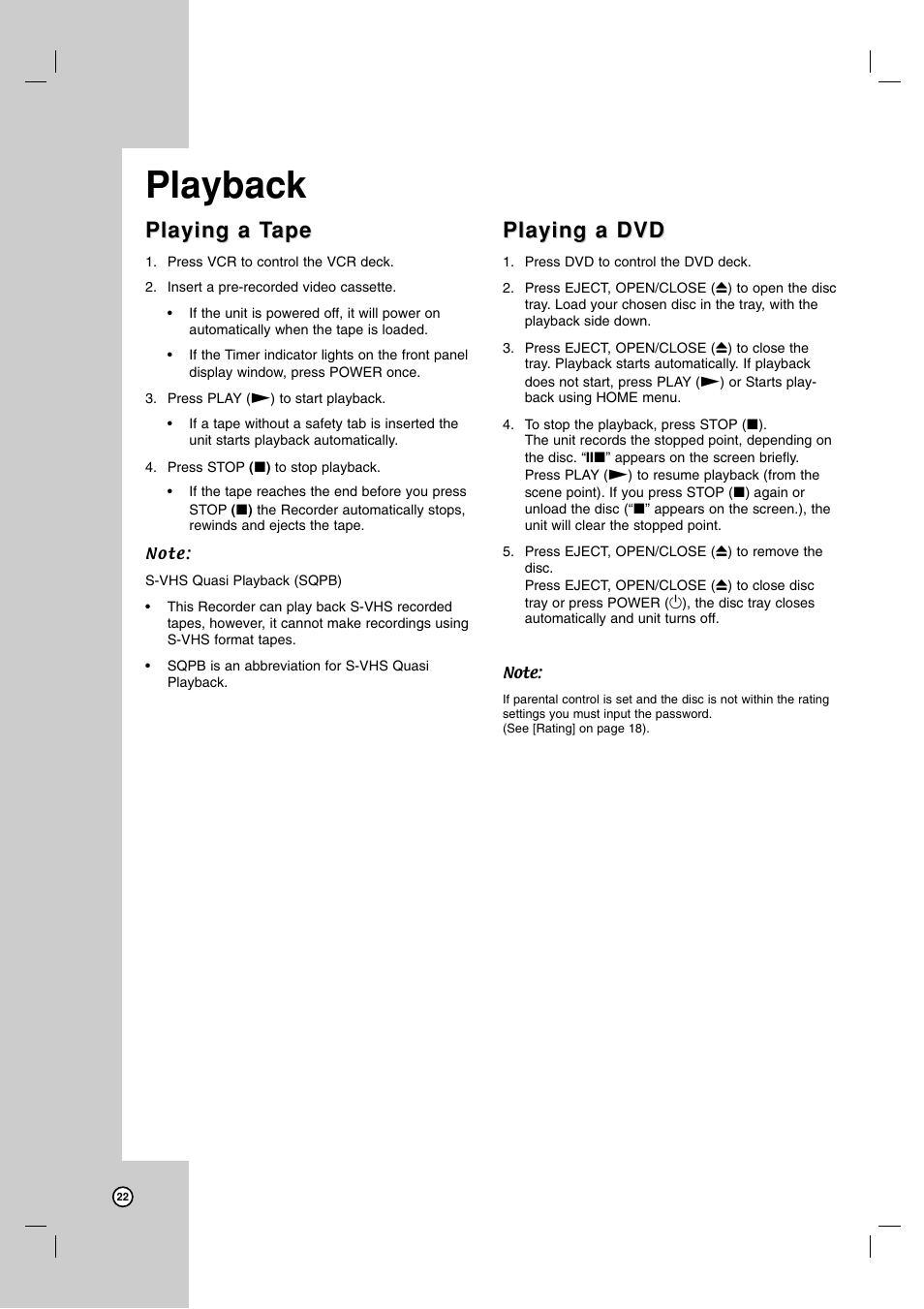 Playback, Playing a t, Playing a t ape ape | Playing a dvd | Zenith XBR716 User Manual | Page 22 / 48