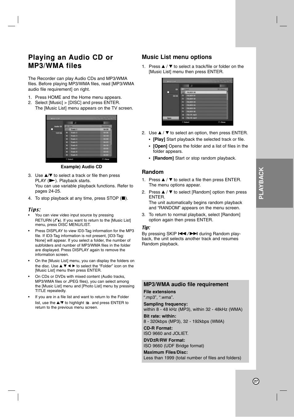 Playing an, Music list menu options, Pla yback | Zenith XBR716 User Manual | Page 27 / 48