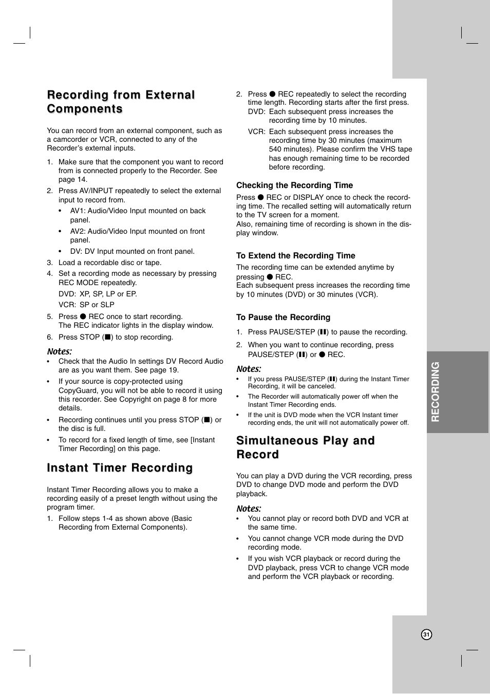 Recording from external, Recording from external components components, Instant t | Instant t imer recording imer recording, Simultaneous play and, Simultaneous play and record record, Recording | Zenith XBR716 User Manual | Page 31 / 48