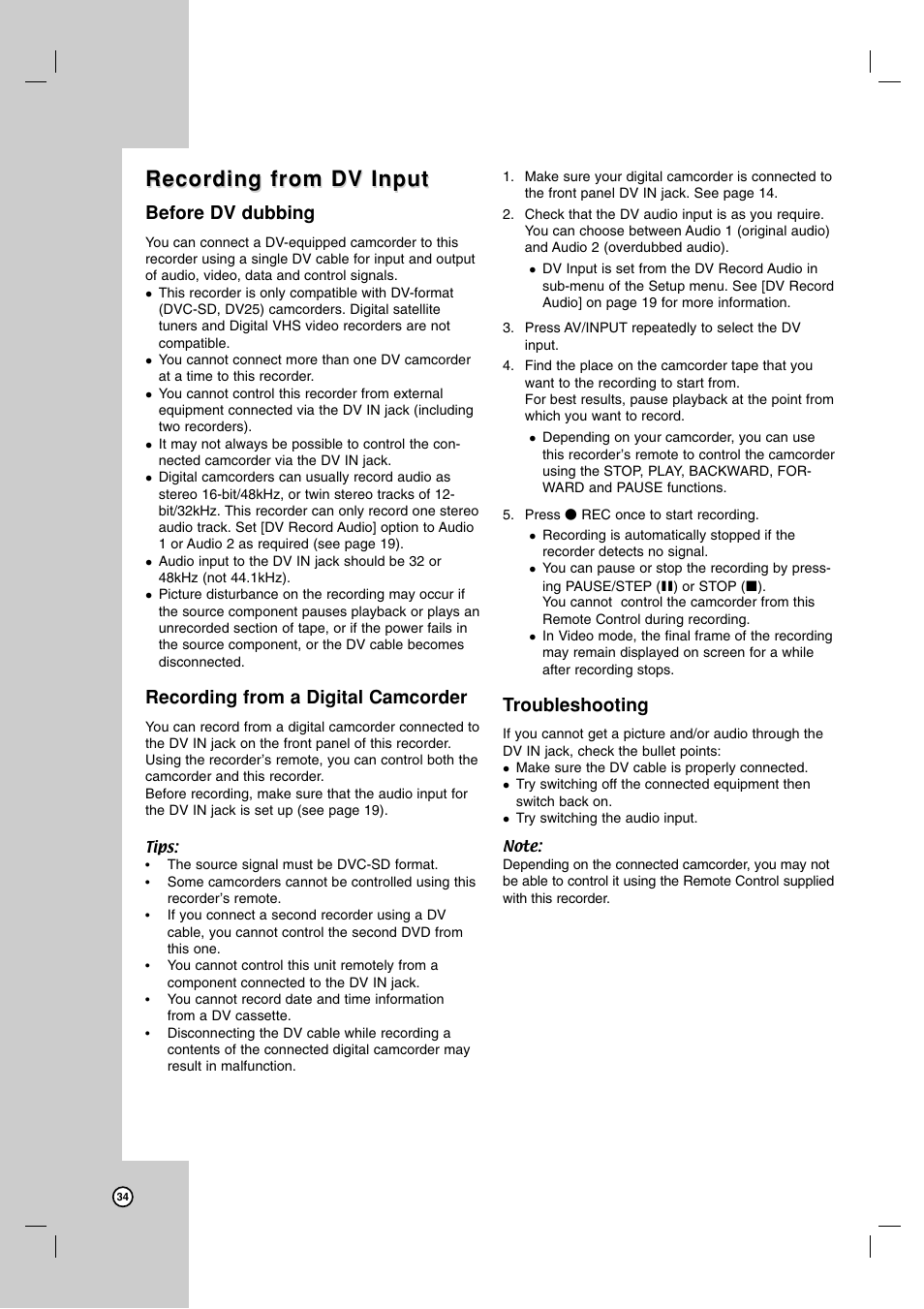 Recording from dv input, Before dv dubbing, Recording from a digital camcorder | Troubleshooting | Zenith XBR716 User Manual | Page 34 / 48