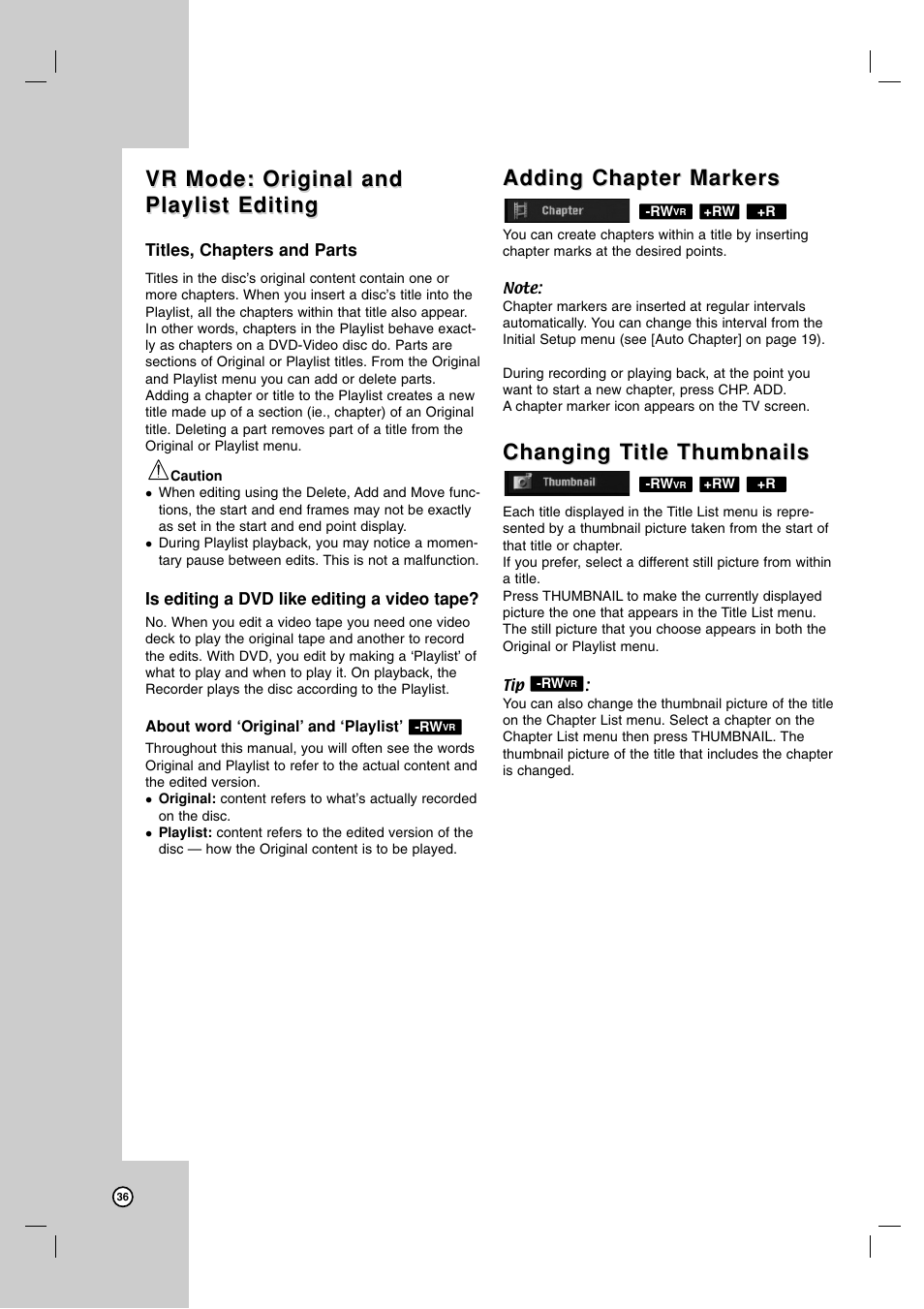 Vr mode: original and, Adding chapter markers, Changing t | Changing t itle thumbnails itle thumbnails | Zenith XBR716 User Manual | Page 36 / 48
