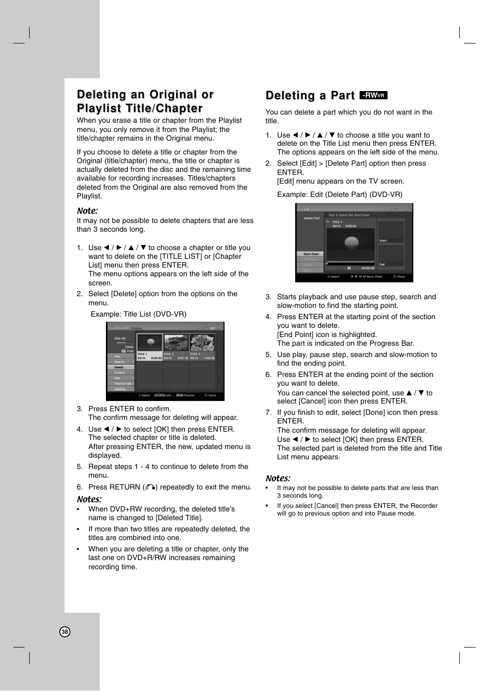 Deleting an original or, Deleting a part | Zenith XBR716 User Manual | Page 38 / 48