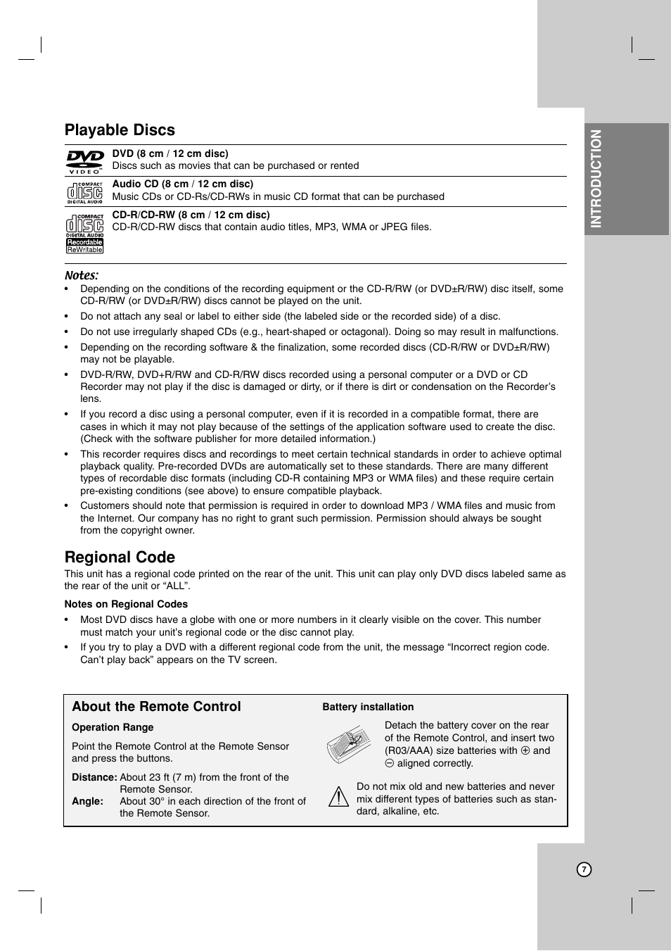 Playable discs, Regional code, Introduction | About the remote control | Zenith XBR716 User Manual | Page 7 / 48