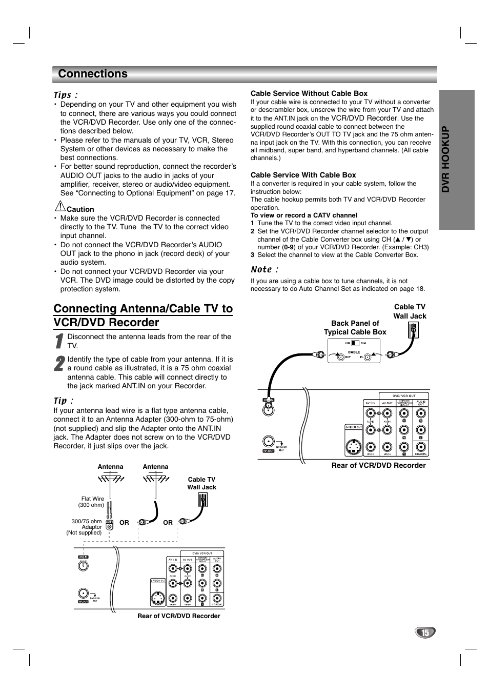 Connections, Connecting antenna/cable tv to vcr/dvd recorder, Dvr hookup | Zenith XBR411 User Manual | Page 15 / 59