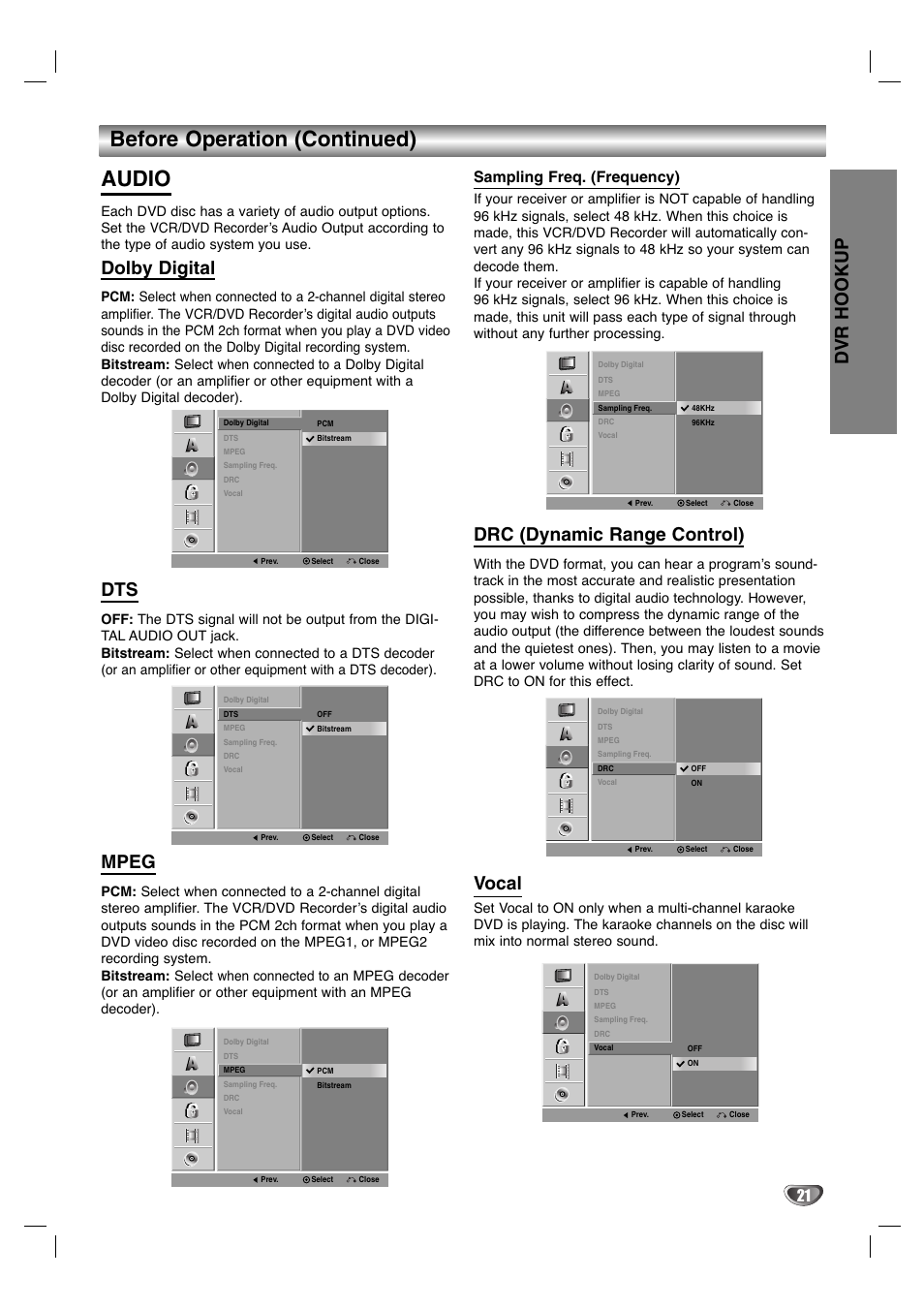 Before operation (continued) audio, Dvr hookup, Dolby digital | Mpeg, Drc (dynamic range control), Vocal, Sampling freq. (frequency) | Zenith XBR411 User Manual | Page 21 / 59