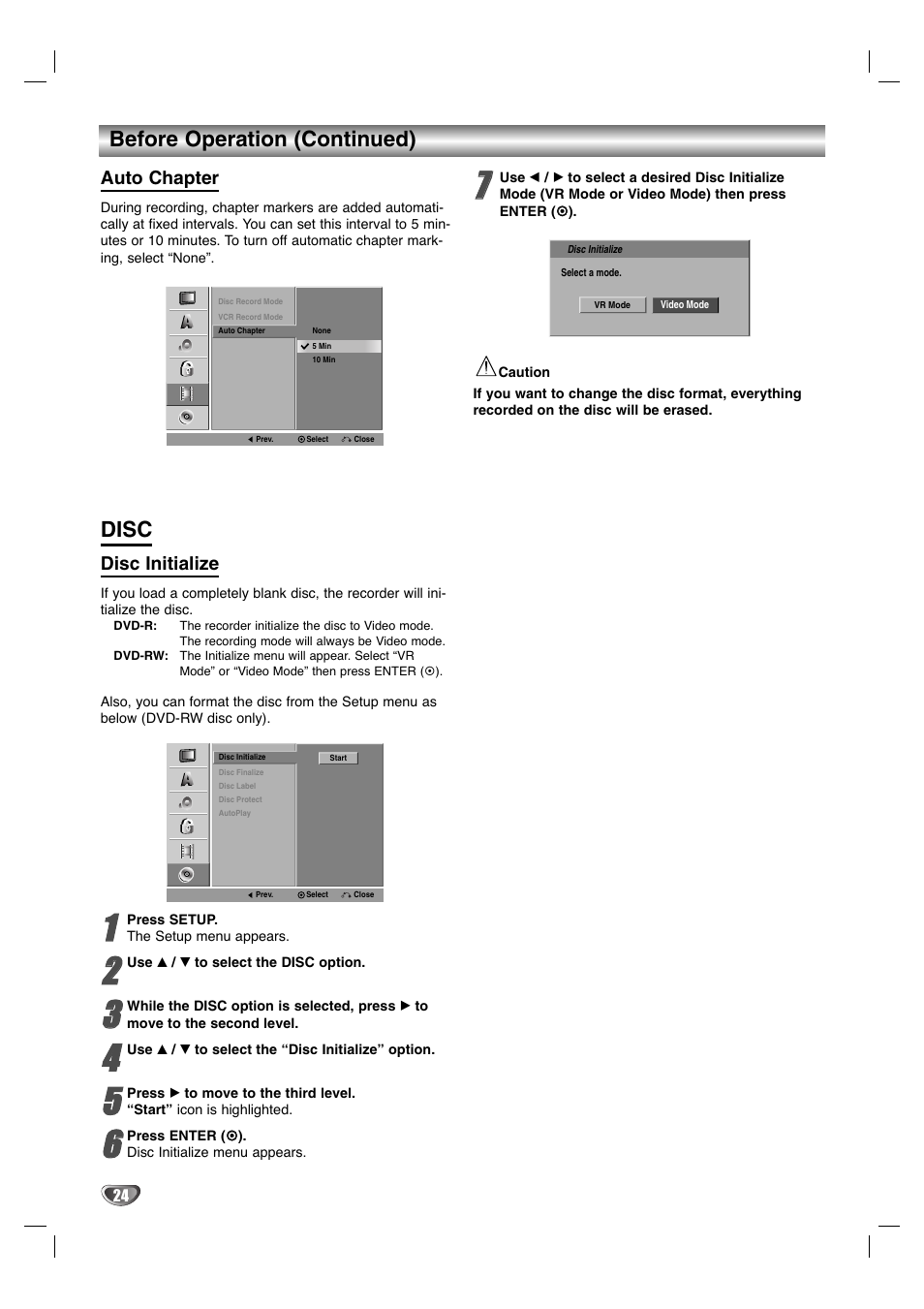 Disc, Before operation (continued) | Zenith XBR411 User Manual | Page 24 / 59