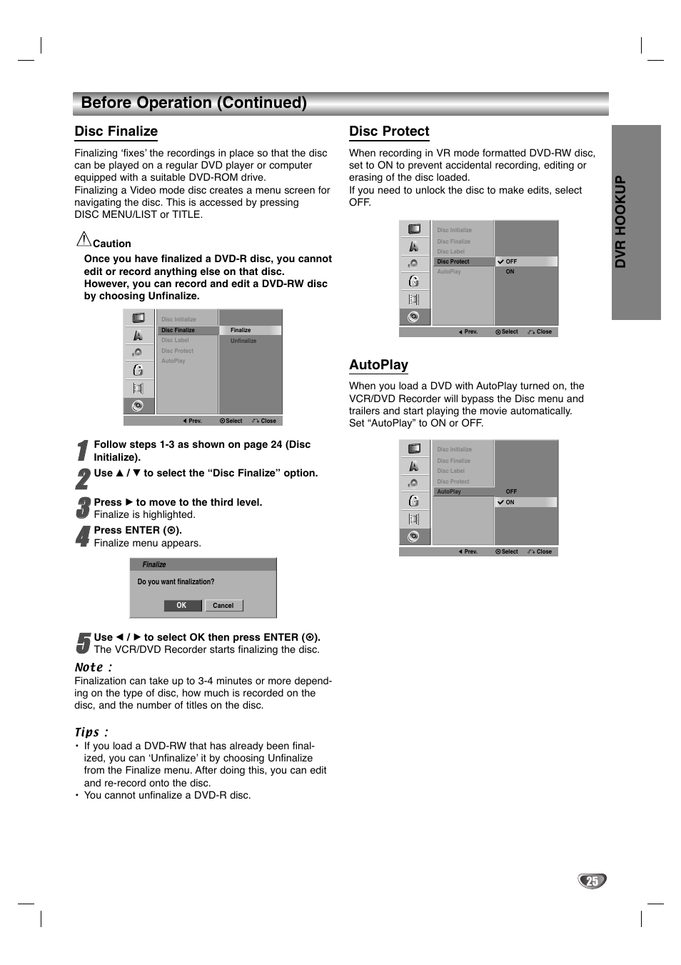 Before operation (continued), Disc finalize, Disc protect | Autoplay, Dvr hookup | Zenith XBR411 User Manual | Page 25 / 59