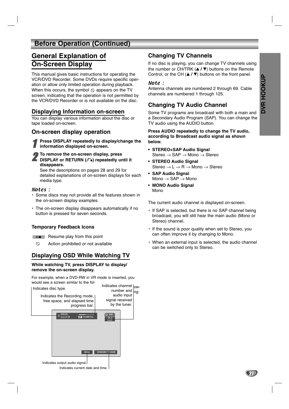 Dvr hookup, Displaying information on-screen, On-screen display operation | Displaying osd while watching tv, Changing tv channels, Changing tv audio channel | Zenith XBR411 User Manual | Page 27 / 59