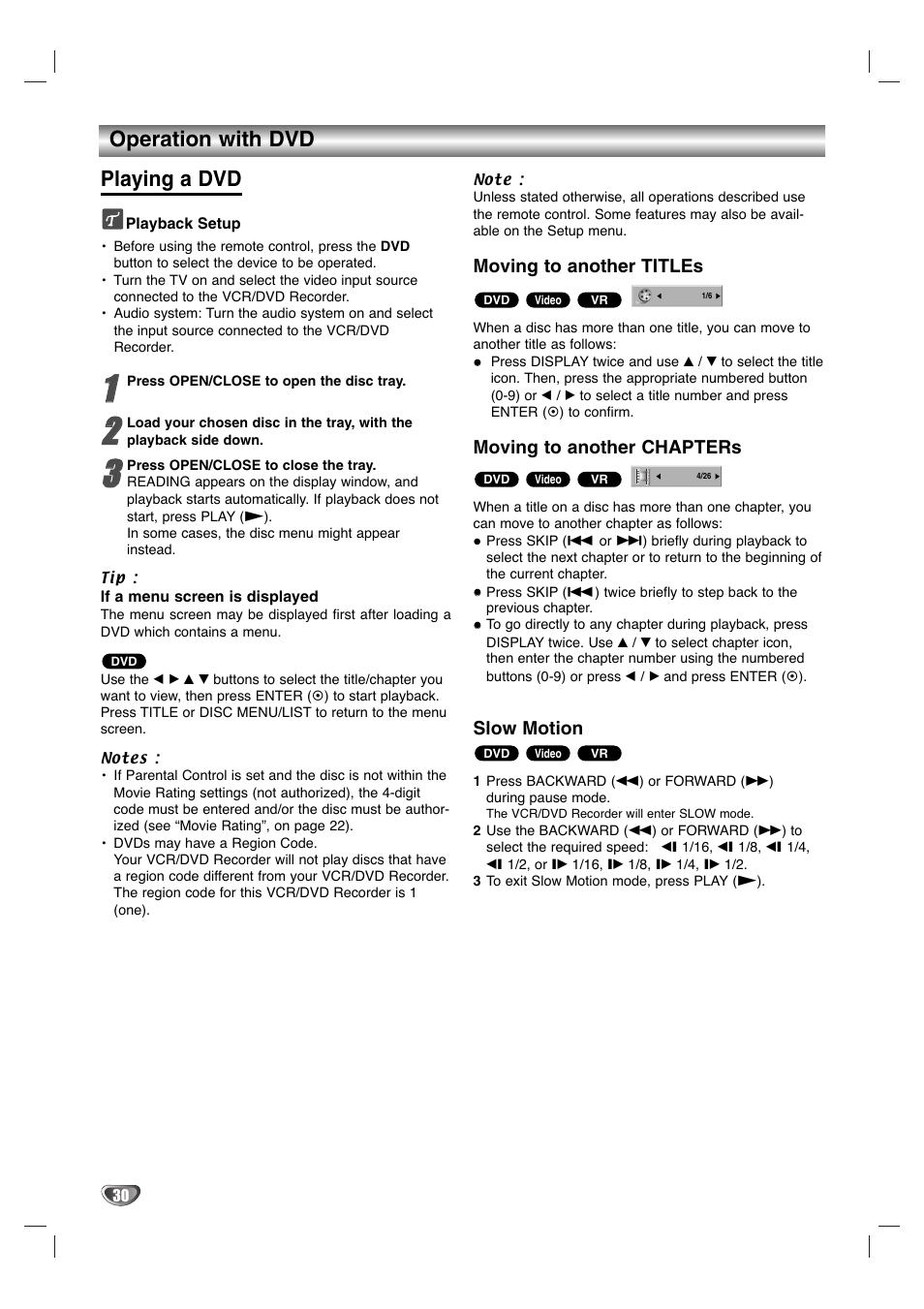 Operation with dvd playing a dvd | Zenith XBR411 User Manual | Page 30 / 59