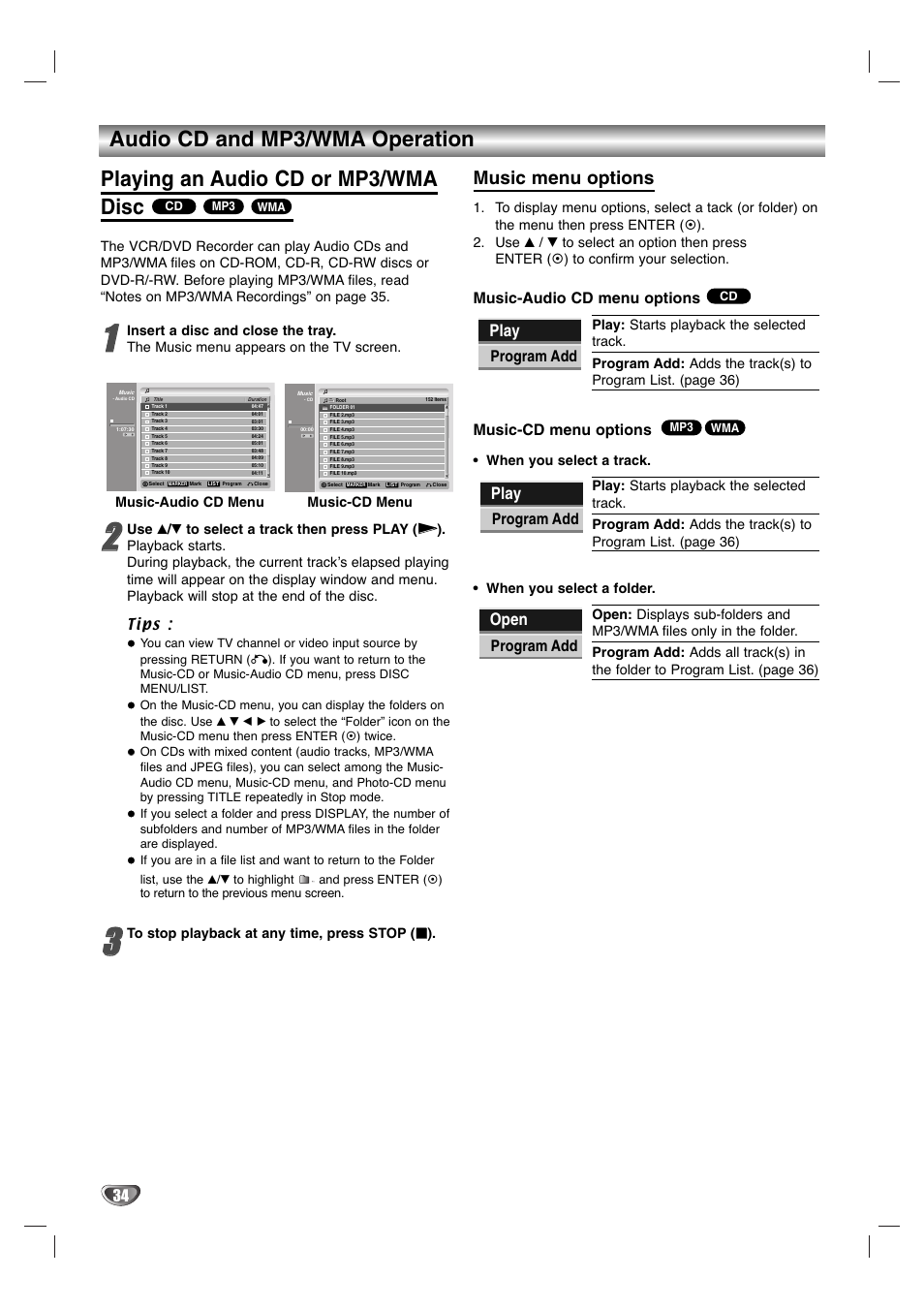 Music menu options, Play, Open | Music-audio cd menu options, Music-cd menu options, Program add | Zenith XBR411 User Manual | Page 34 / 59