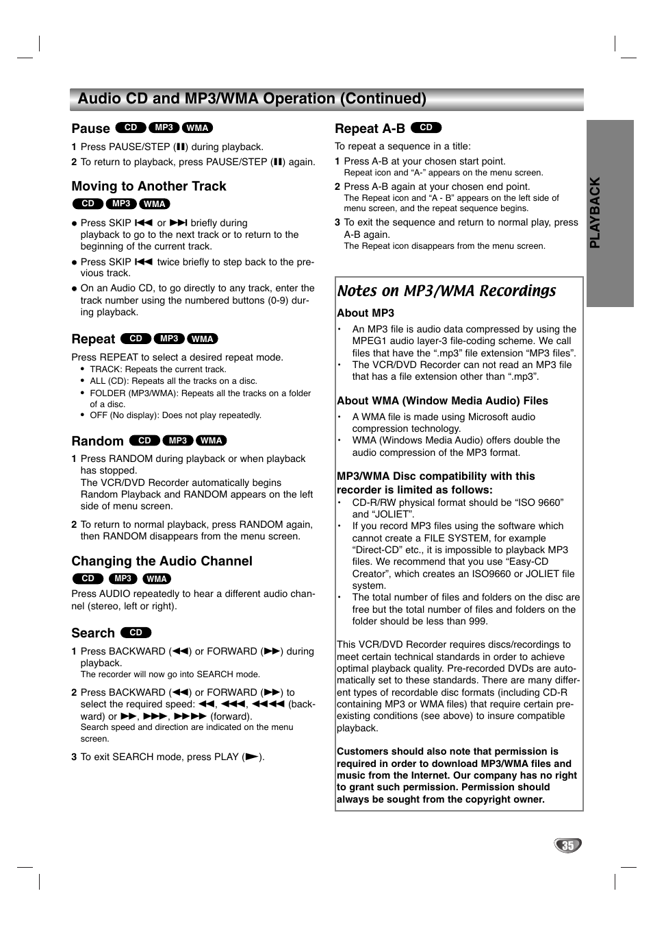 Audio cd and mp3/wma operation (continued), Pla yback, Pause | Moving to another track, Repeat, Random, Changing the audio channel, Search, Repeat a-b | Zenith XBR411 User Manual | Page 35 / 59