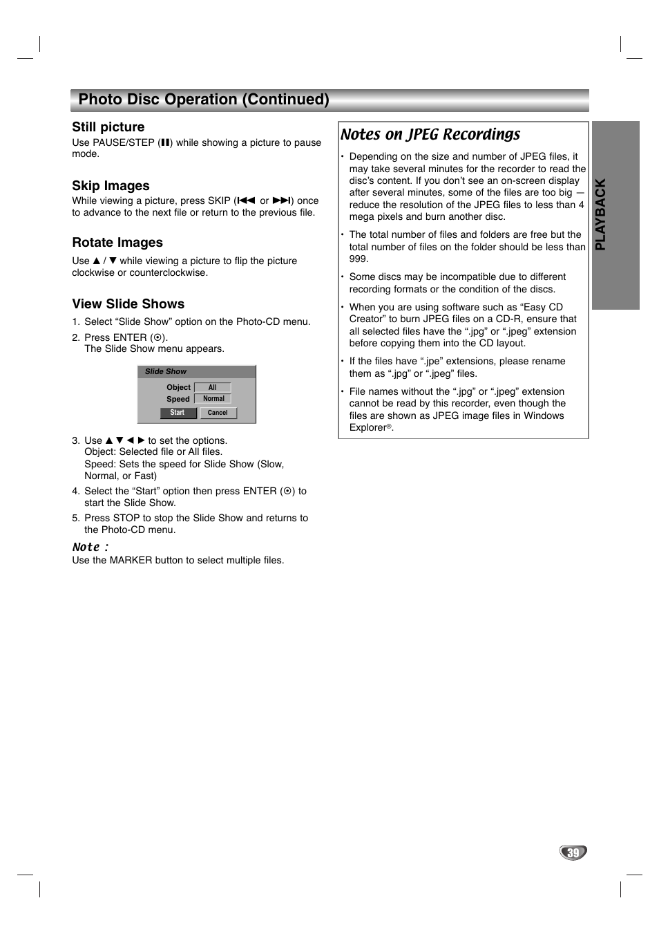 Photo disc operation (continued), Pla yback, Still picture | Skip images, Rotate images, View slide shows | Zenith XBR411 User Manual | Page 39 / 59