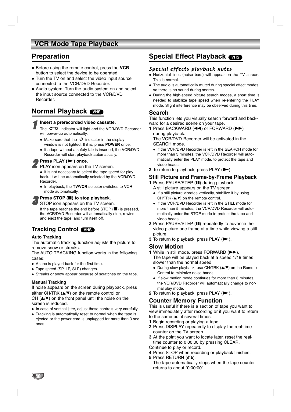 Vcr mode tape playback, Preparation, Normal playback | Special effect playback | Zenith XBR411 User Manual | Page 40 / 59