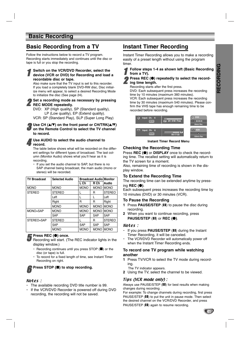 Basic recording basic recording from a tv, Instant timer recording, Recording | Zenith XBR411 User Manual | Page 41 / 59